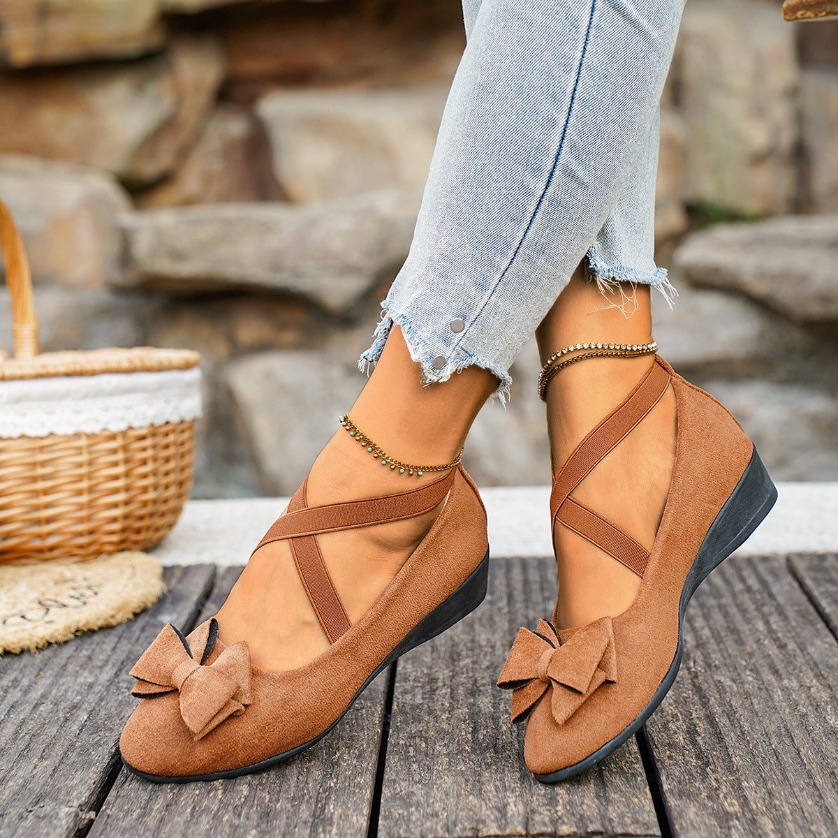 Women’s Elara Bow Suede Wedge Loafers – Elastic Cross-Strap Comfort Slip-Ons (US 5–10.5)
