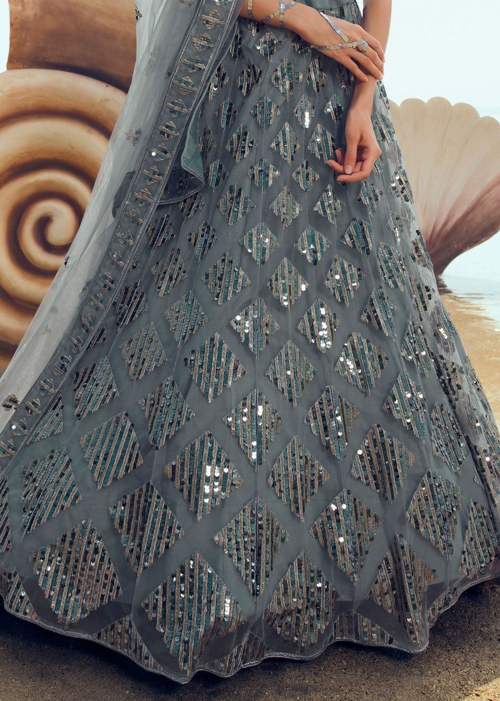 Anchor Grey Soft Net Designer Lehenga Choli with overall Sequins and Thread work(Pre-Order) | Ready To Wear - qivii