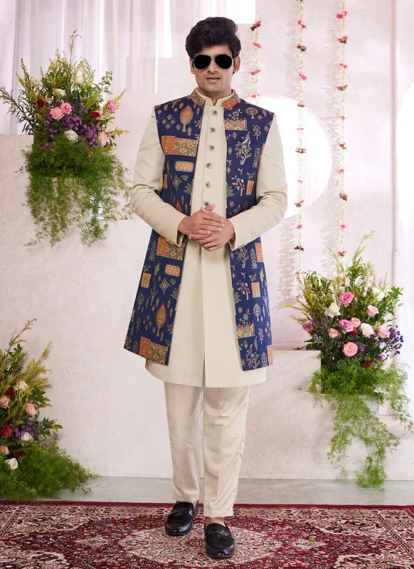 Men's Blue Jacquard Art Silk Embroidery Indo Western Set