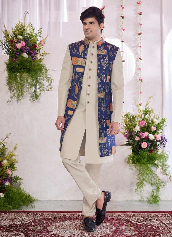 Men's Blue Jacquard Art Silk Embroidery Indo Western Set