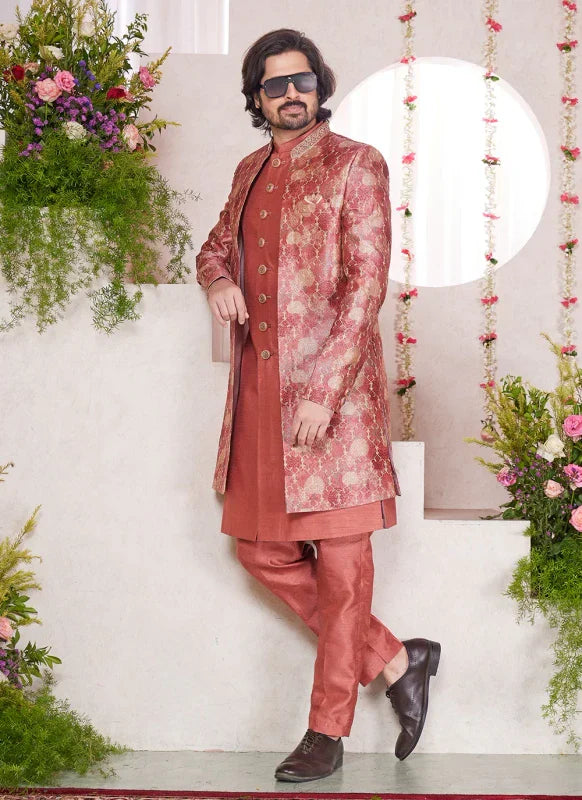 Men's Rust Art Silk Digital Printed Work Indo Western Set