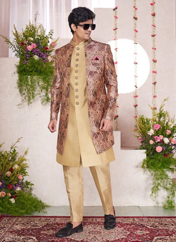 Men's Multi Color Art Silk Digital Printed Work Indo Western Set