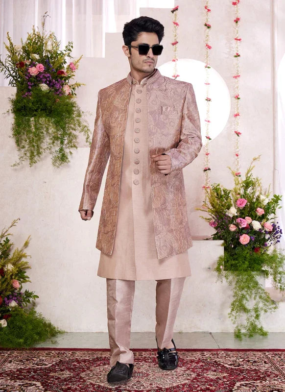 Men's Onion Pink Art Silk Digital Printed Work Indo Western Set