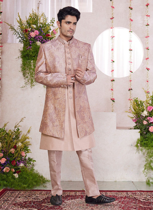 Men's Onion Pink Art Silk Digital Printed Work Indo Western Set