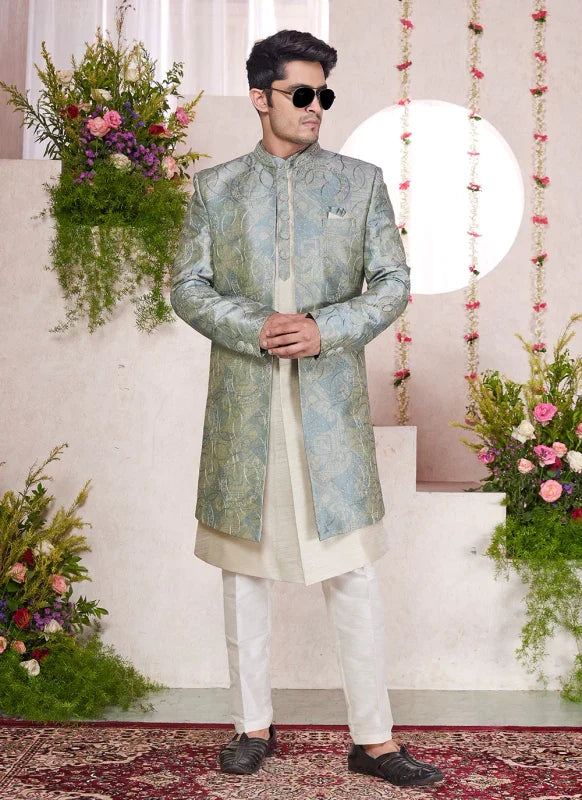 Men's Green Art Silk Digital Printed Work Indo Western Set