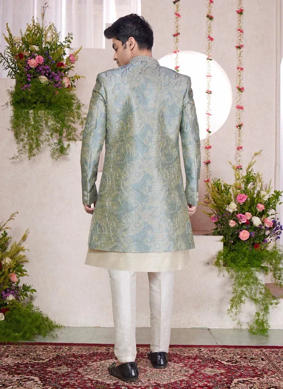 Men's Green Art Silk Digital Printed Work Indo Western Set