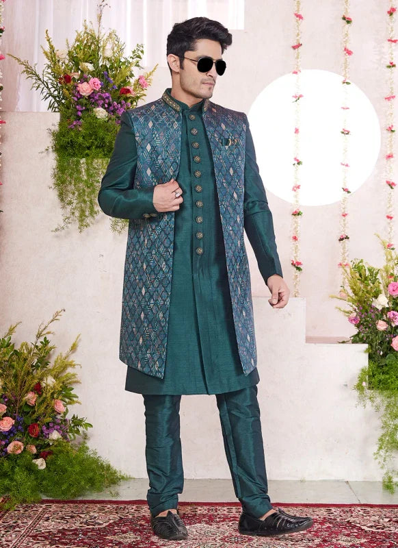 Men's Green Jacquard Art Silk Digital Printed Work Indo Western Set