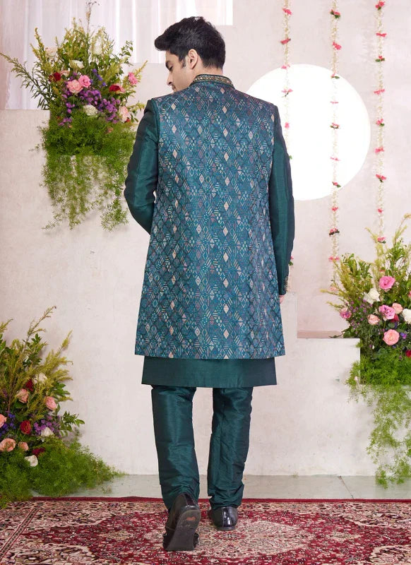 Men's Green Jacquard Art Silk Digital Printed Work Indo Western Set