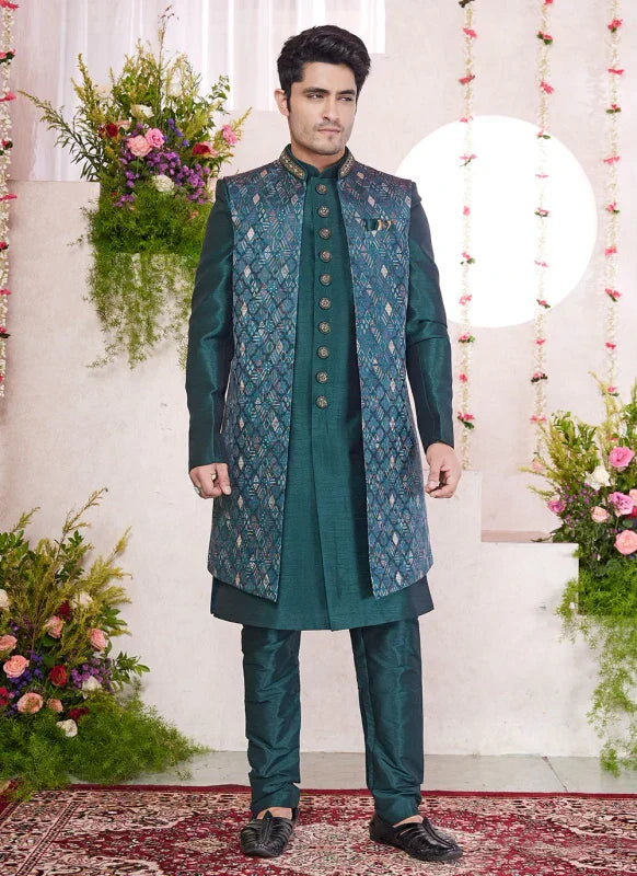 Men's Green Jacquard Art Silk Digital Printed Work Indo Western Set