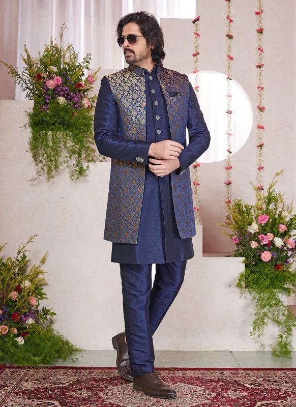 Men's Blue Jacquard Art Silk Digital Printed Work Indo Western Set