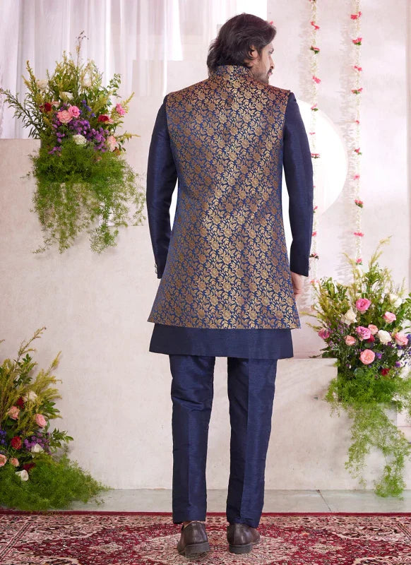 Men's Blue Jacquard Art Silk Digital Printed Work Indo Western Set