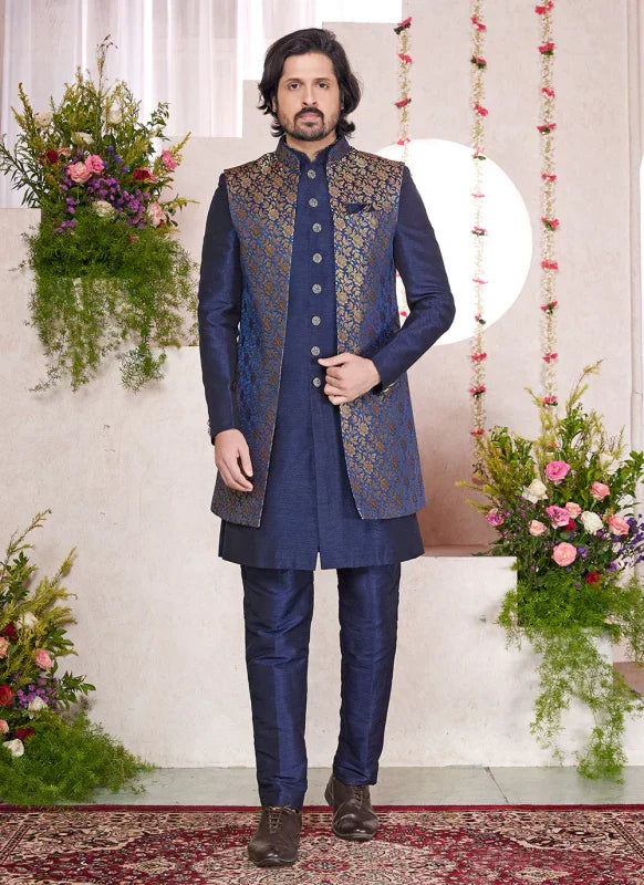 Men's Blue Jacquard Art Silk Digital Printed Work Indo Western Set