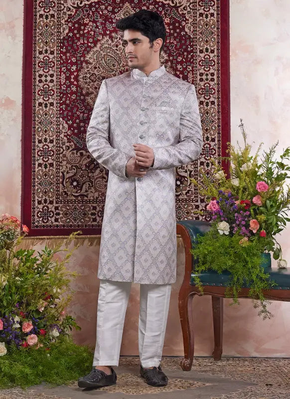 Men's Grey Banarasi Jacquard Embroidery Indo Western Set