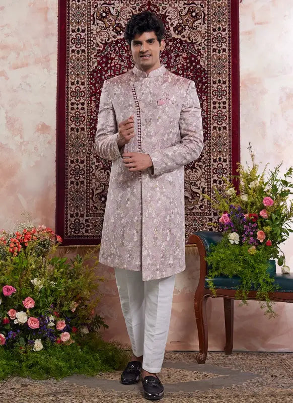 Men's Onion Pink Banarasi Jacquard Embroidery Indo Western Set
