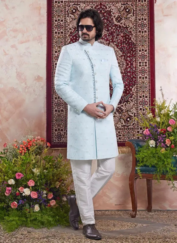 Men's Sky Blue Banarasi Jacquard Embroidery Indo Western Set