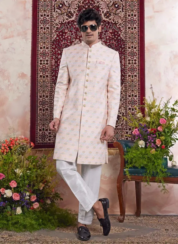 Men's Light Orange Banarasi Jacquard Embroidery Indo Western Set