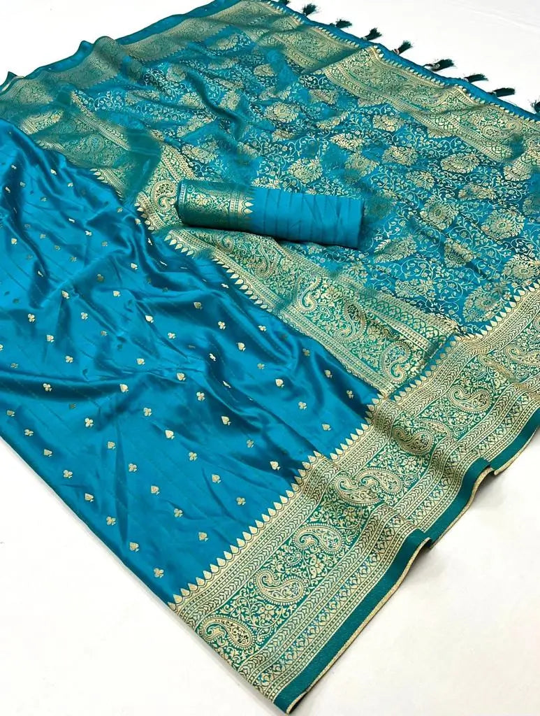Teal Blue Satin Zari Handloom Weaving Silk Saree - qivii