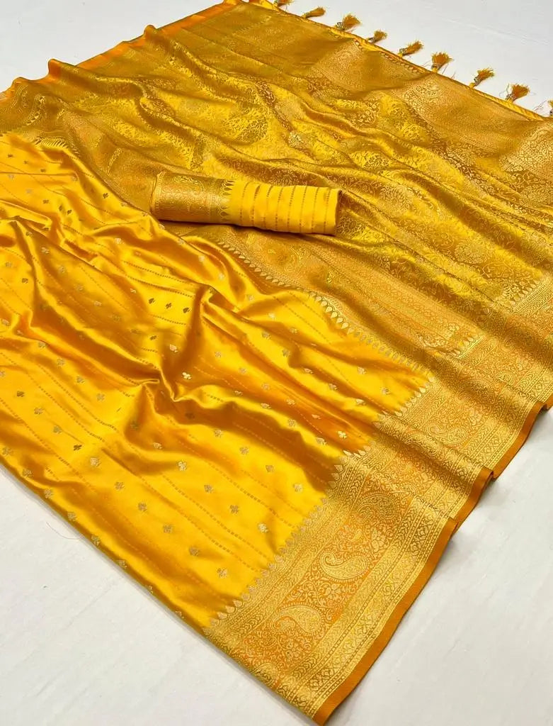 Honey Yellow Satin Zari Handloom Weaving Silk Saree - qivii