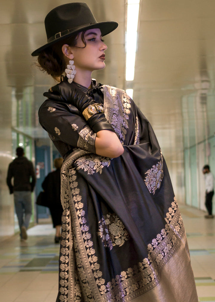 Exquisite and traditional handloom woven Banarasi silk saree in charcoal black