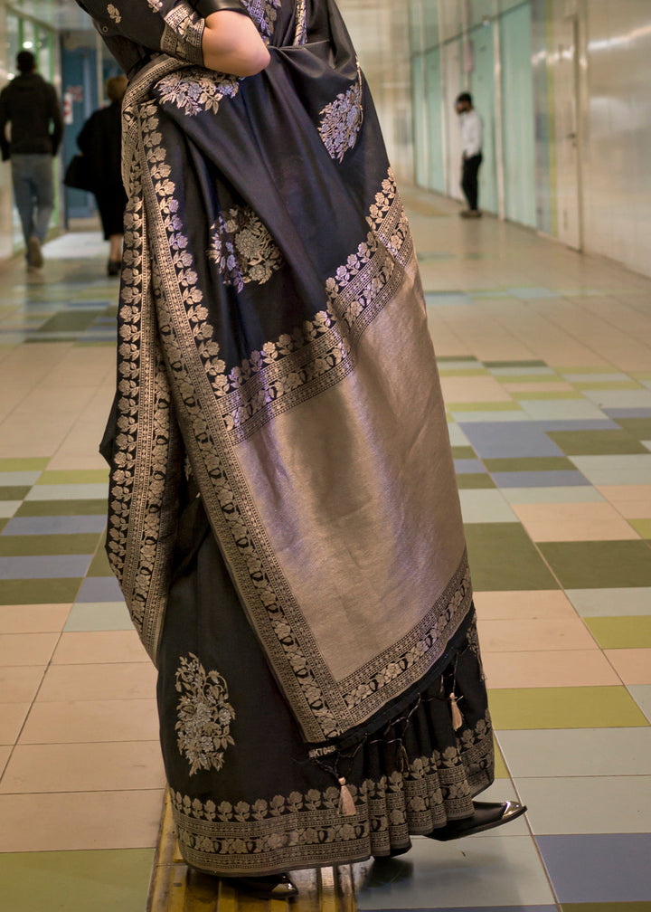 Charcoal black Banarasi silk saree handcrafted with intricate weaving patterns and motifs