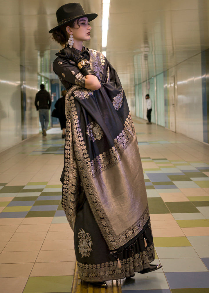 Handloom woven Banarasi silk saree in charcoal black with intricate patterns