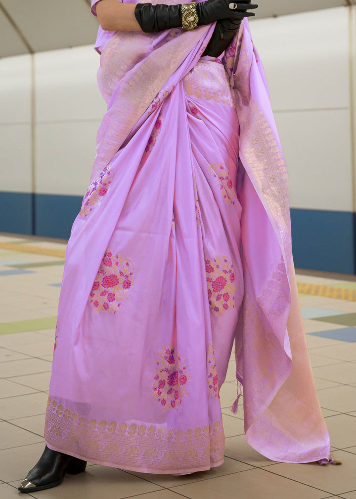 Gorgeous Lilac Purple Handloom Woven Banarasi Silk Saree with Timeless Elegance and Graceful Drape