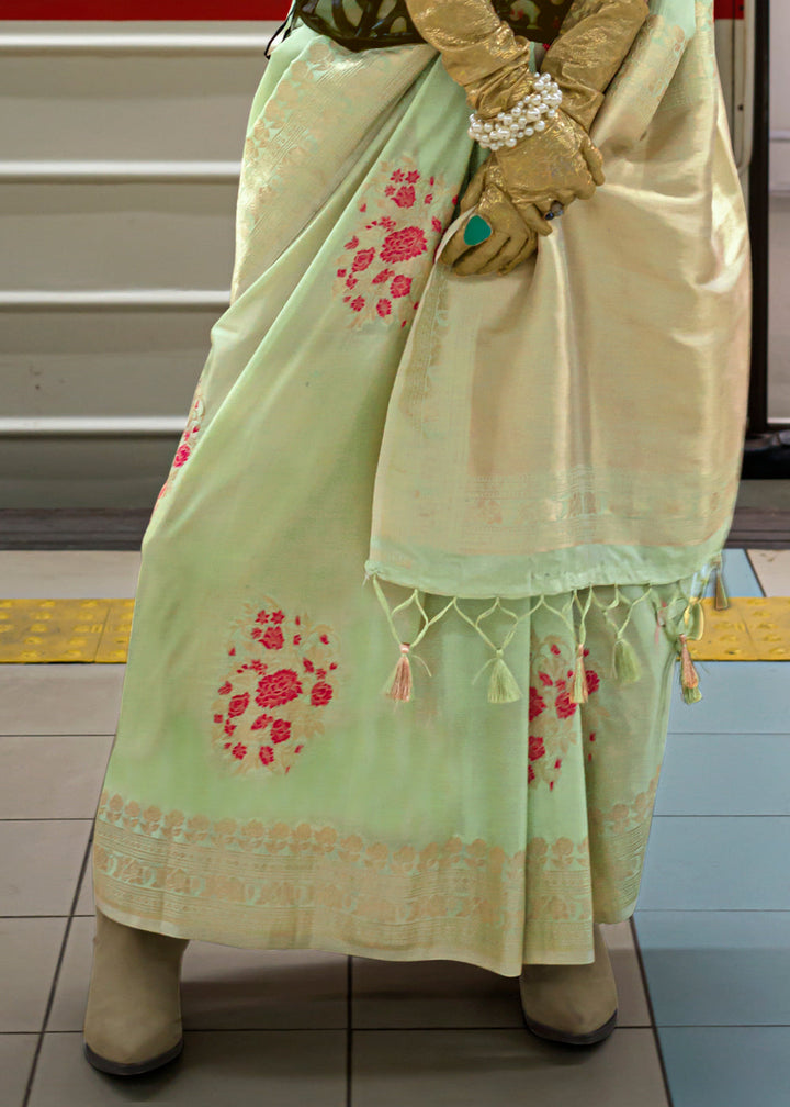 Handloom woven Banarasi silk saree in a beautiful pastel green color