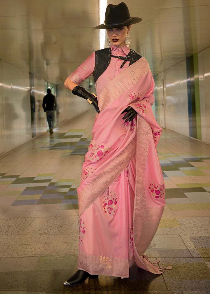 Taffy Pink Handloom Woven Banarasi Silk Saree with intricate gold zari weaving