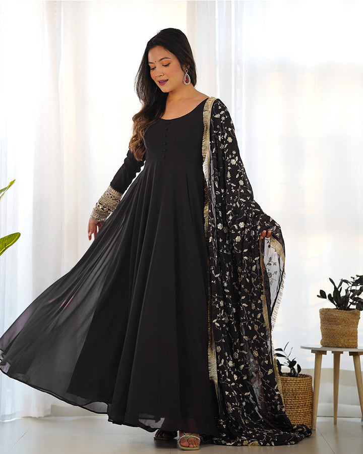 Black Color Soft Georgette Anarkali Gown With Heavy Embroidery Work Dupatta  - By Qivii