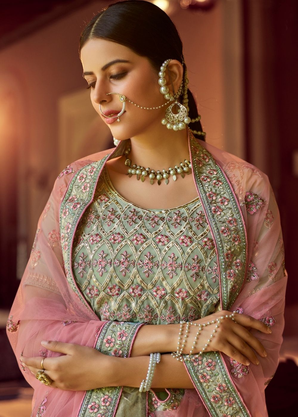 Fern Green Georgette Lehenga Choli with Resham & Gota work | Ready To Wear - qivii