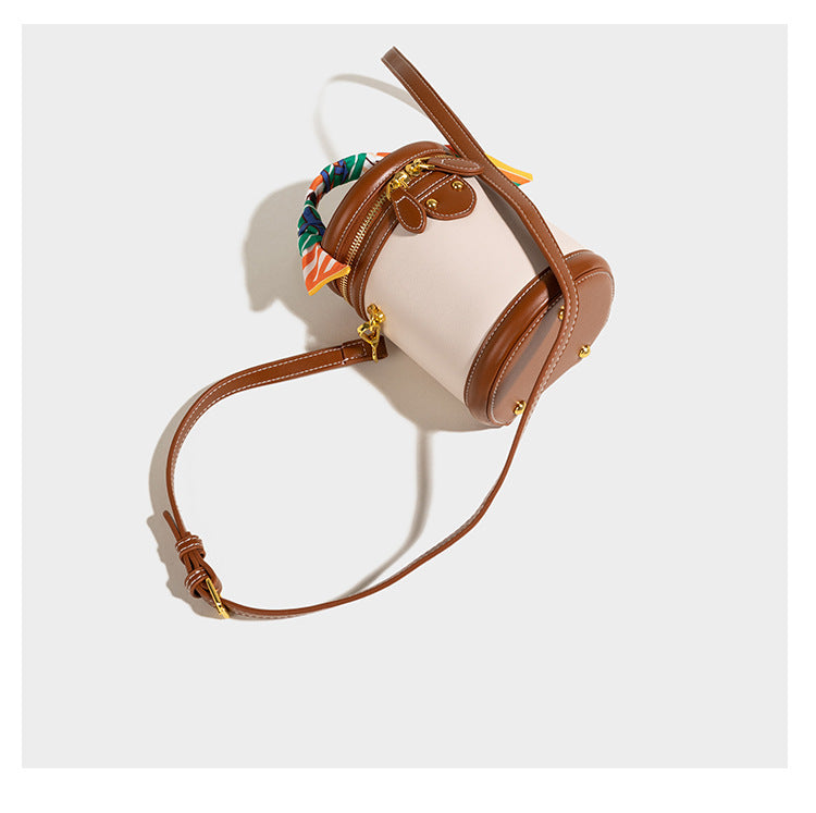 Women's Retro Color-Block Barrel Bag – Mini Cylinder Cosmetic Case with Detachable Silk Scarf & Chain Strap