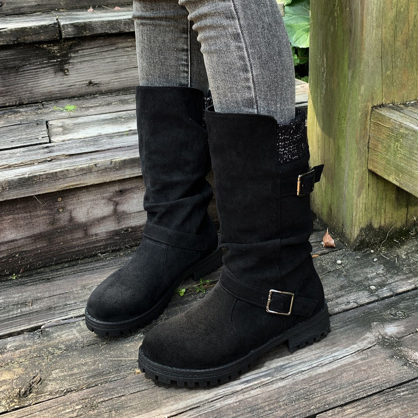 Women’s RanchWrap Buckle Mid-Calf Suede Boots – Knit Cuff Western-Style Slouchy Shoes (US 5–10.5)