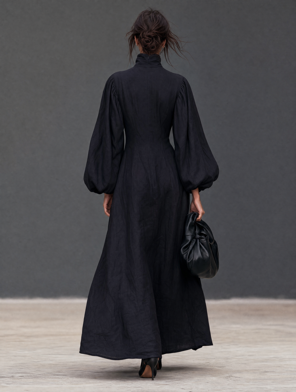 Women's Vintage Linen-Blend Embroidered Lantern-Sleeve Maxi Dress With Mock Neck MDZ1998H7WY