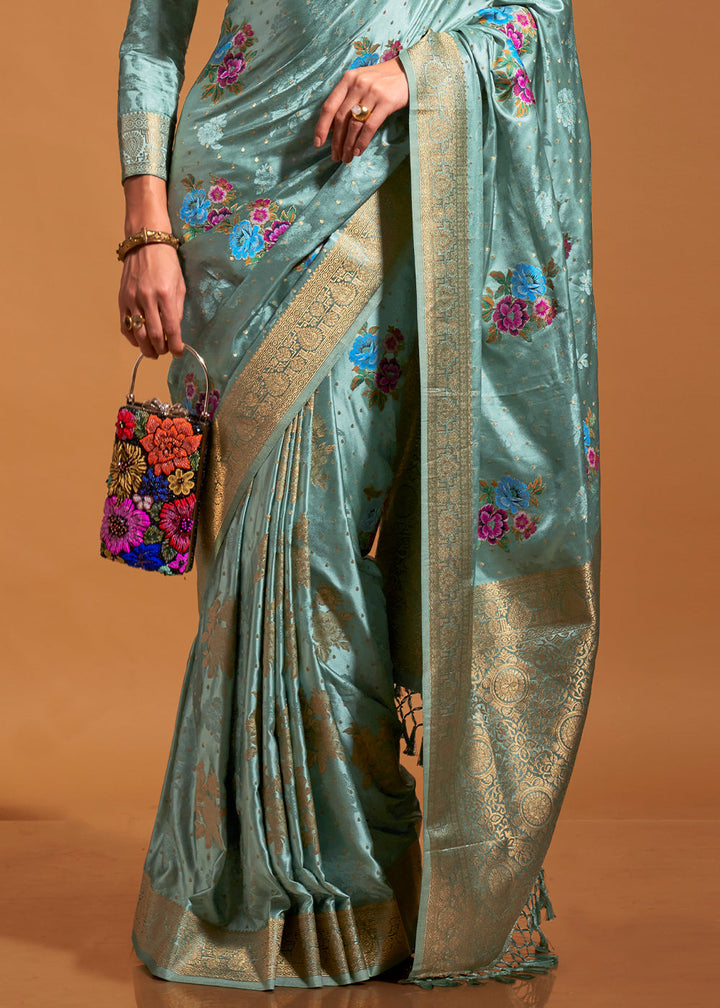 Summer Blue Handloom Satin Silk Saree with Multi Colored Flower Weaving Work