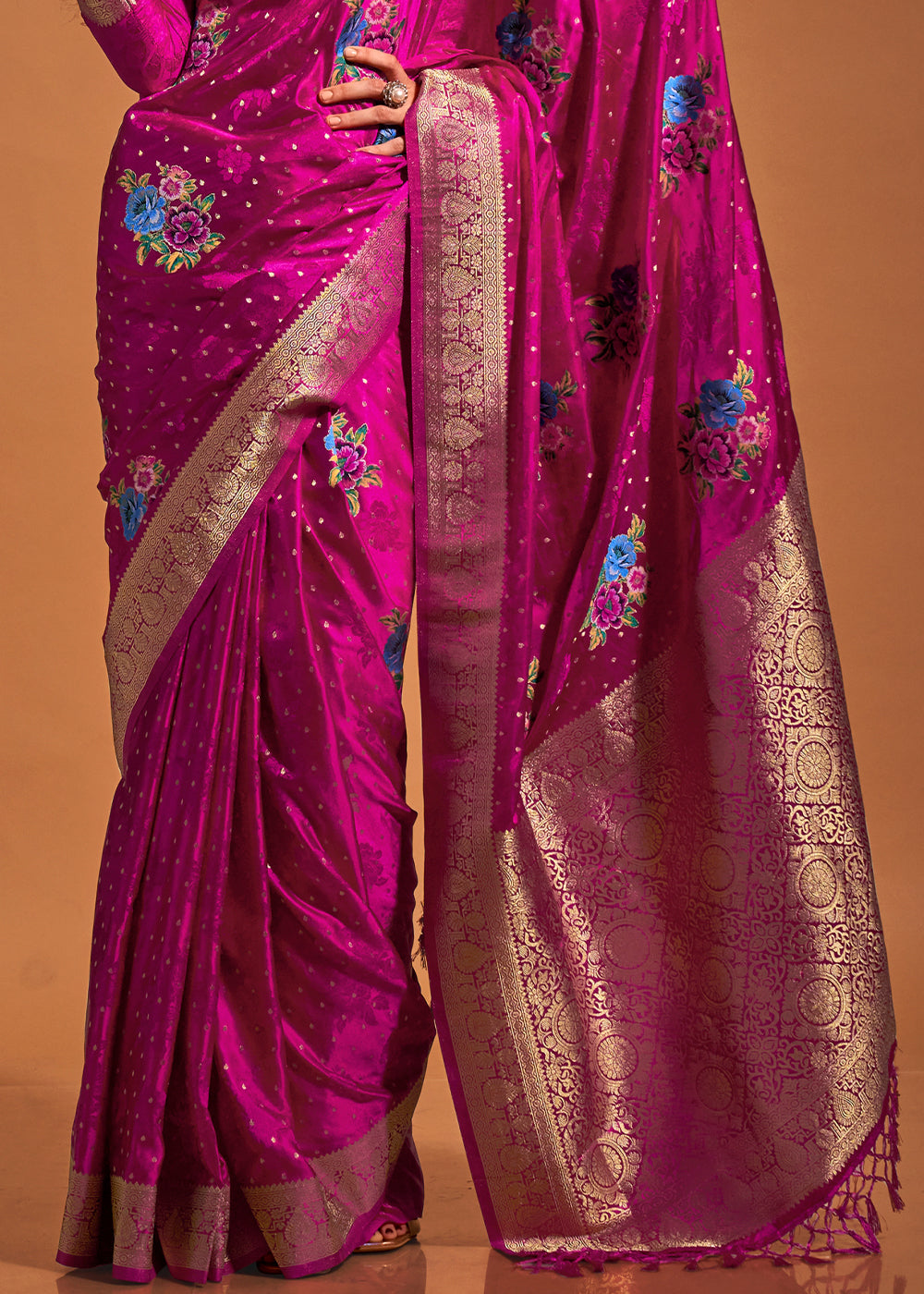 Magenta Pink Handloom Satin Silk Saree with Multi Colored Flower Weaving Work