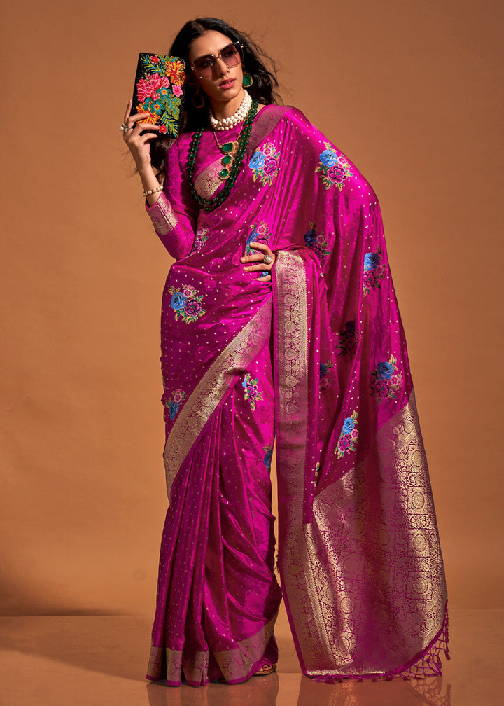 Magenta Pink Handloom Satin Silk Saree with Multi Colored Flower Weaving Work