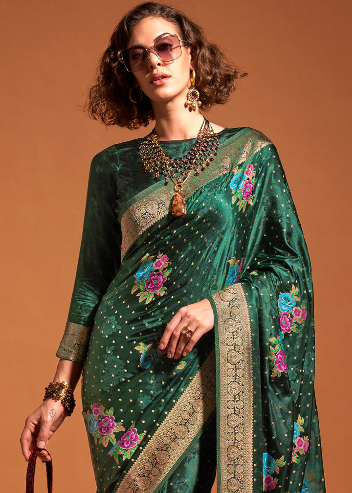 Sacramento Green Handloom Satin Silk Saree with Multi Colored Flower Weaving Work