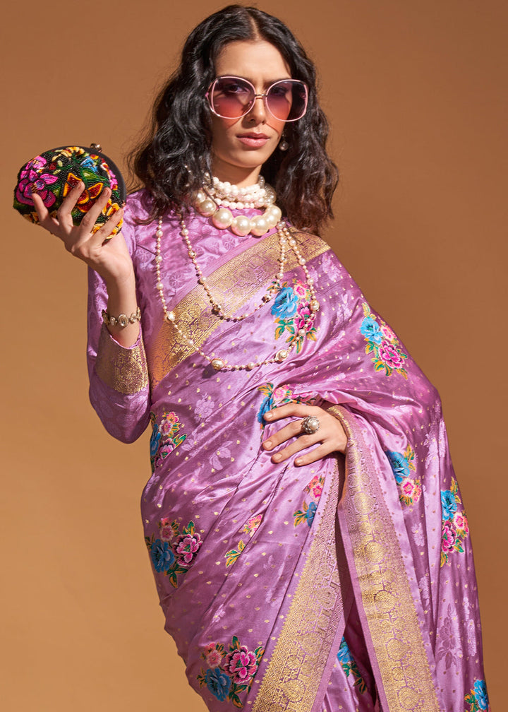 Lilac Purple Handloom Satin Silk Saree with Multi Colored Flower Weaving Work