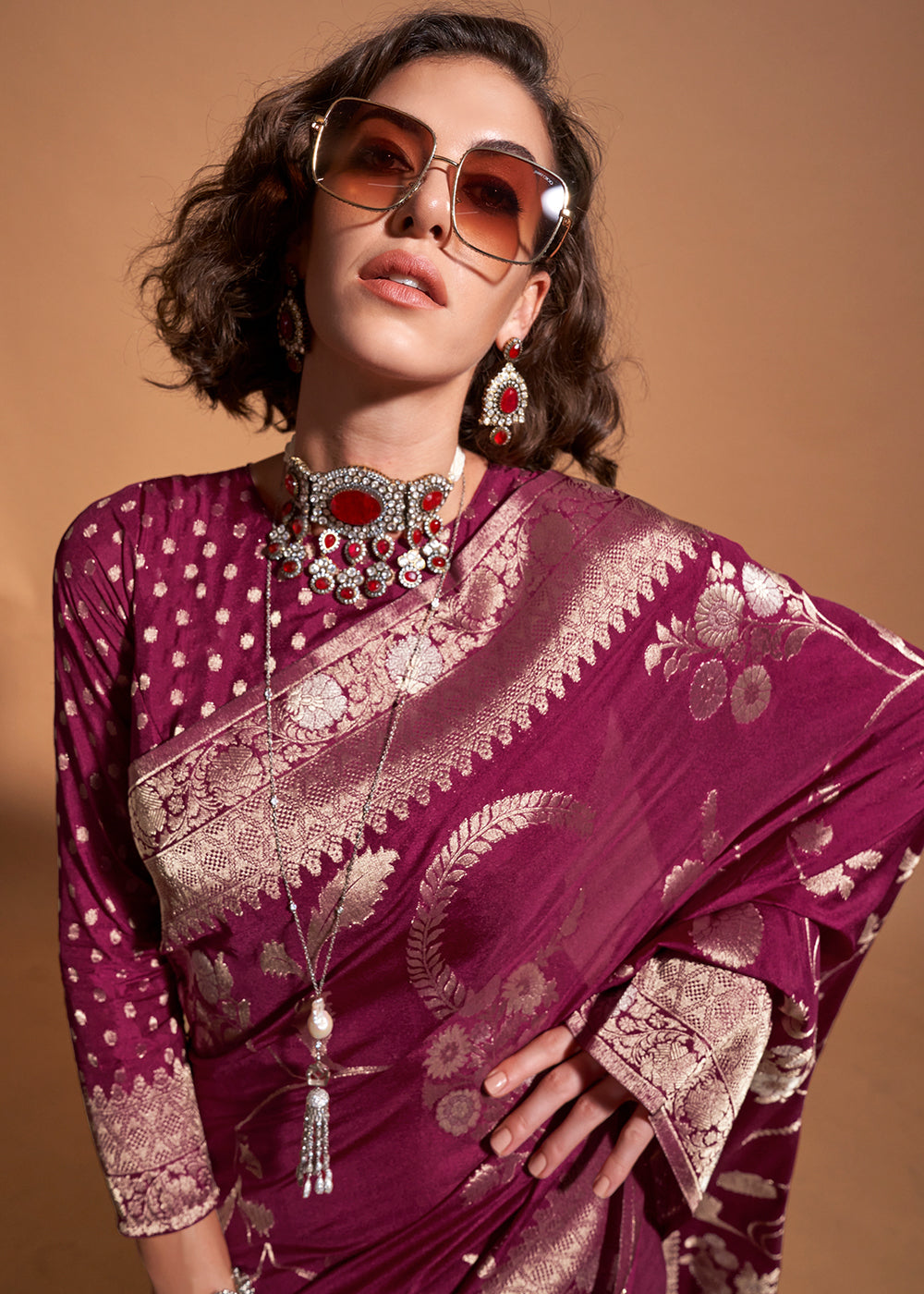 Cardinal Purple Floral Handloom Woven Georgette Silk Saree - qivii