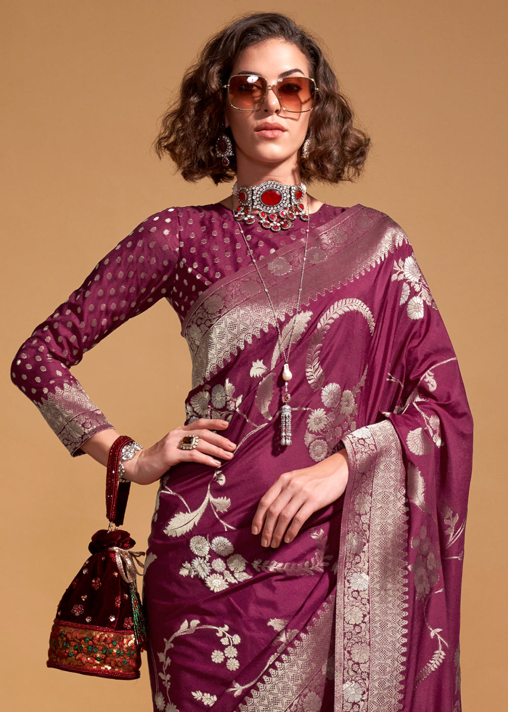 Cardinal Purple Floral Handloom Woven Georgette Silk Saree - qivii