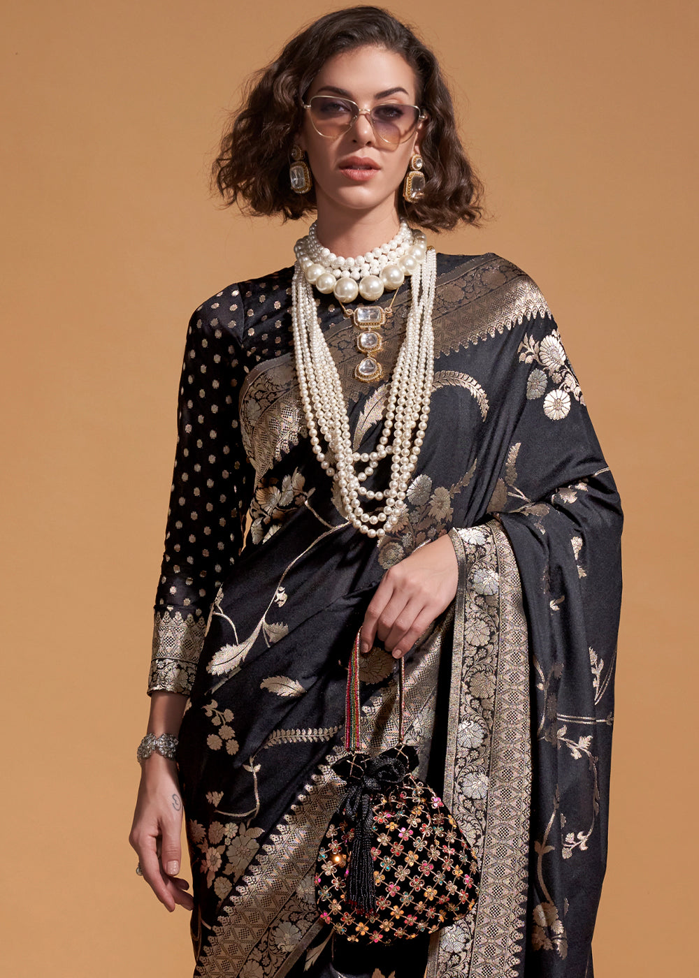 Pitch Black Floral Handloom Woven Georgette Silk Saree - qivii