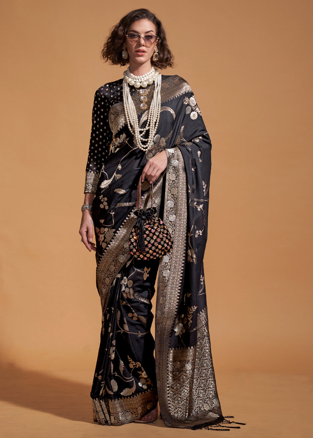 Pitch Black Floral Handloom Woven Georgette Silk Saree - qivii