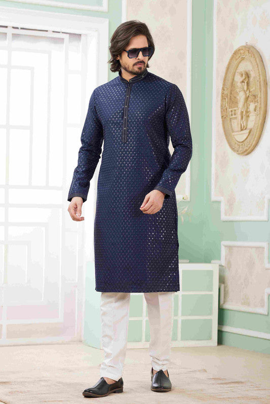 Men's Blue Art Silk Embroidery  Kurta Set