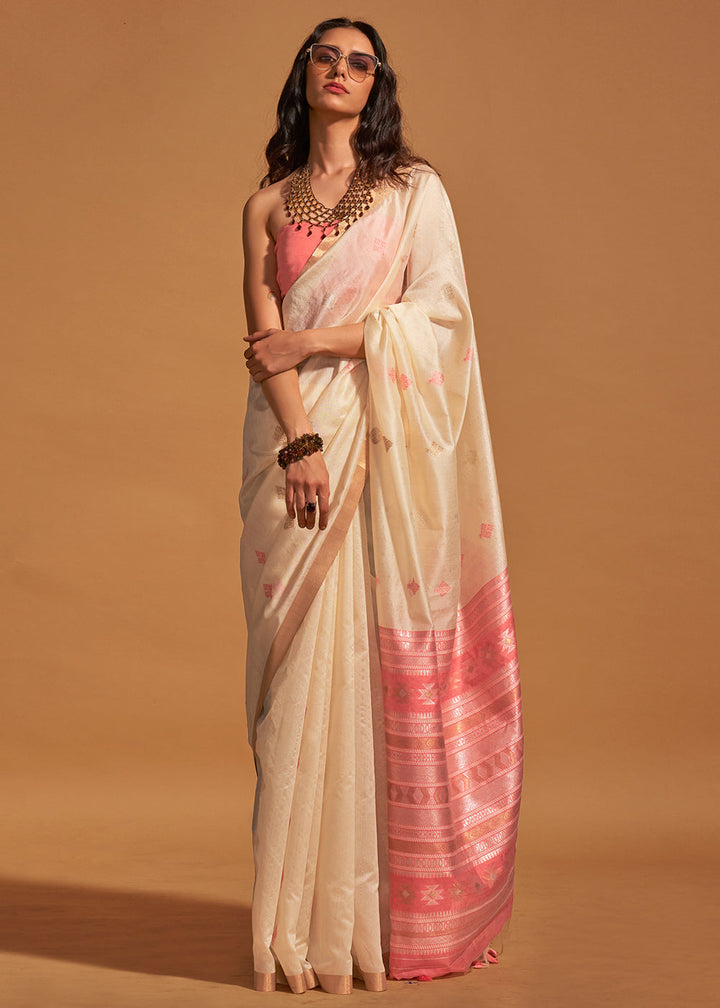 Cream White Handloom Woven Silk Saree