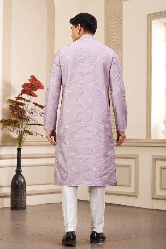 Men's Art Silk Thread Work Kurta Pyjama In Light Purple Colour