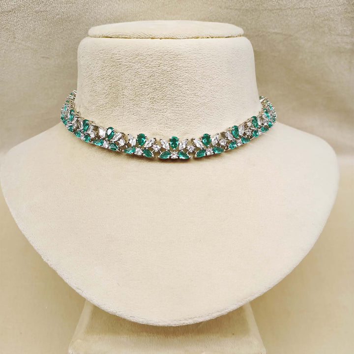 Hayaat Aqua Stone And Diamond Silver Plated Necklace Set