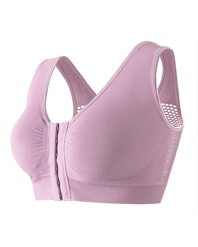 Women's Plus Size Front Buckle Solid Hollow Breathable Wireless Sports Bra  - By Qivii