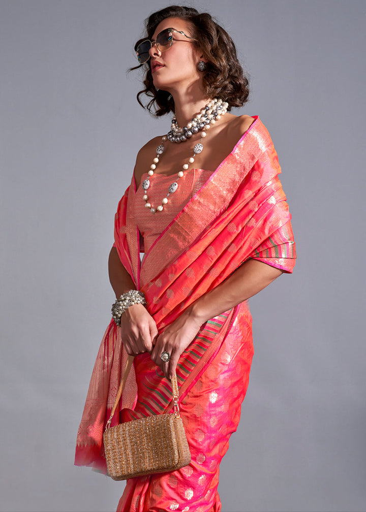 Fiery Rose Pink Handloom Woven Designer Silk Saree with Overall Butti work