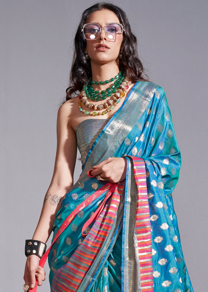 Cerulean Blue Handloom Woven Designer Silk Saree with Overall Butti work