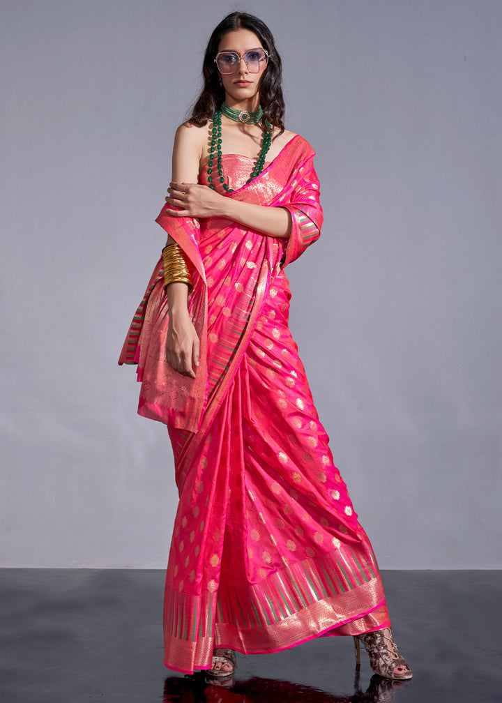 Hot Pink Handloom Woven Designer Silk Saree with Overall Butti work